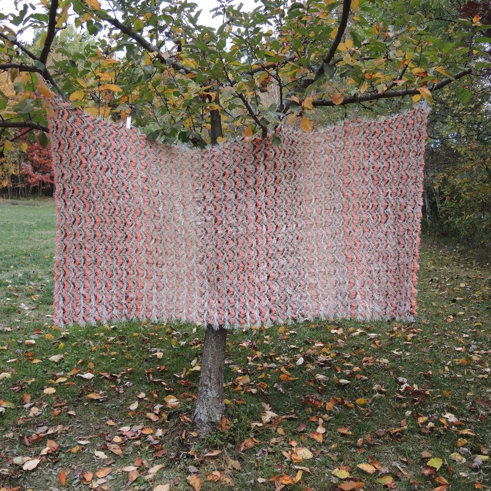 Handmade Knit Blanket Lap Throw Crocheted Afghan Coral Brown Ivory 37" x 77"